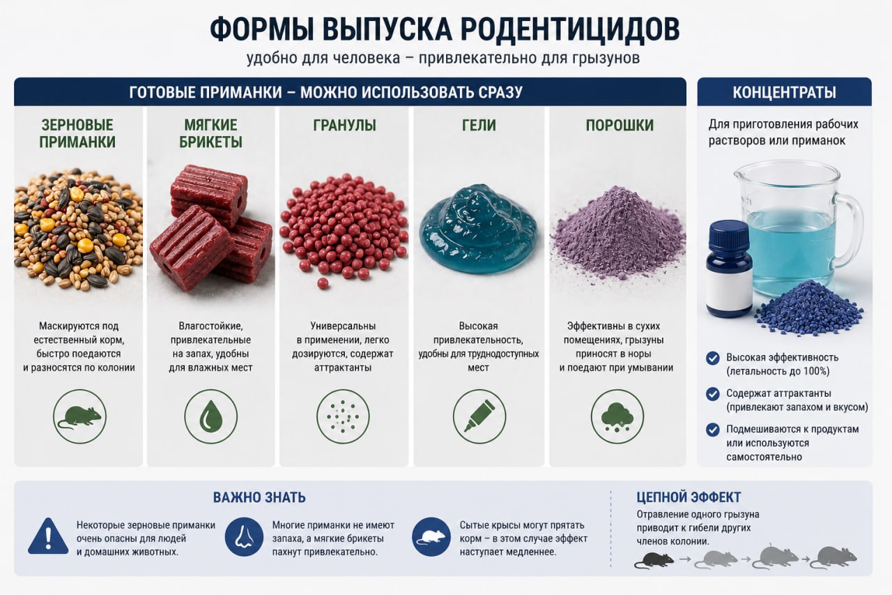 Формы выпуска: зерновые приманки, брикеты, гранулы, гели, порошки и концентраты